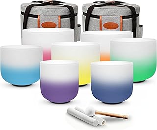 Ryan Dvan 432Hz 7"-12" Set of 7 Crystal Singing Bowl Set – Gradient Color Quartz Bowls for Chakra Healing, Meditation, Sound Bath & Yoga.Sound Therapy Tools with Suede Mallets & O-Rings.