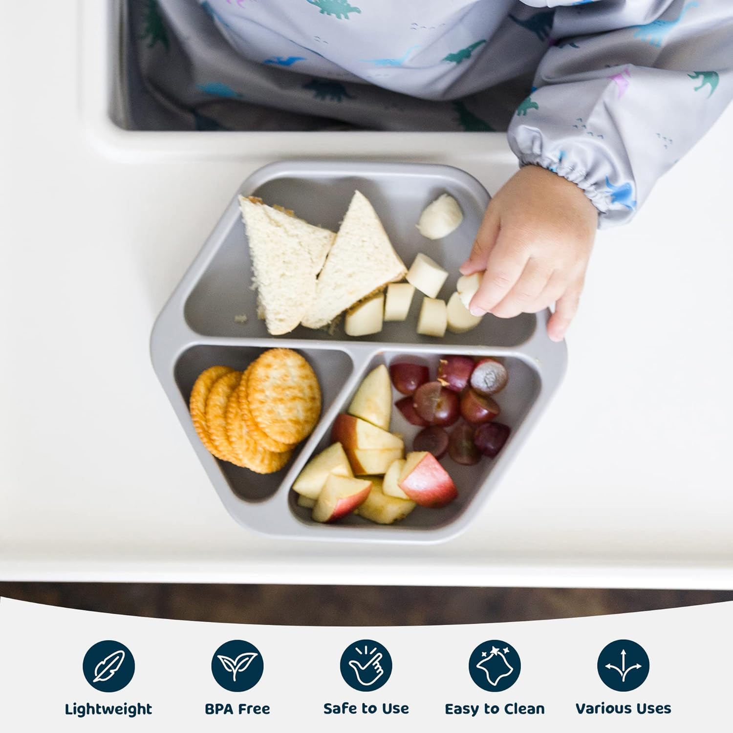 Tiny Twinkle Silicone Suction Baby Plate, Suction Grip Divided Dish for First Foods and Self-Feeding Toddlers, Baby Led Weaning Supplies for Independent Eating (Grey Plate with Lid)