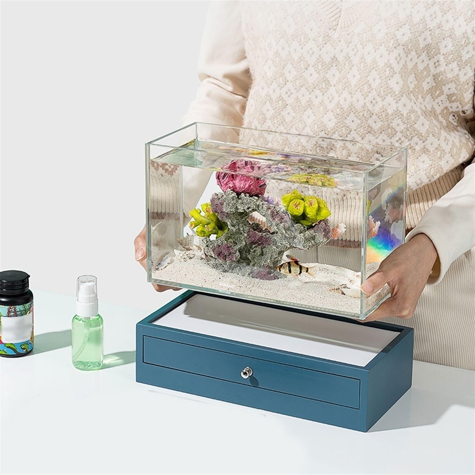 Aquarium Petit Aquarium de Bureau avec Base, décoration de la Maison, décorations de Bureau, Ornements de Paysage écologique Aquarium Complet