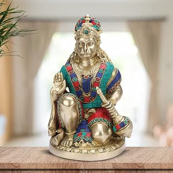 Kartique Brass God Bajrangbali Sankat Mochan Hanuman Idol Statue Murti for Home Office Entrance Decor Temple Mandir Pooja Puja Multi Colored Stone Work Gold 9 Inches