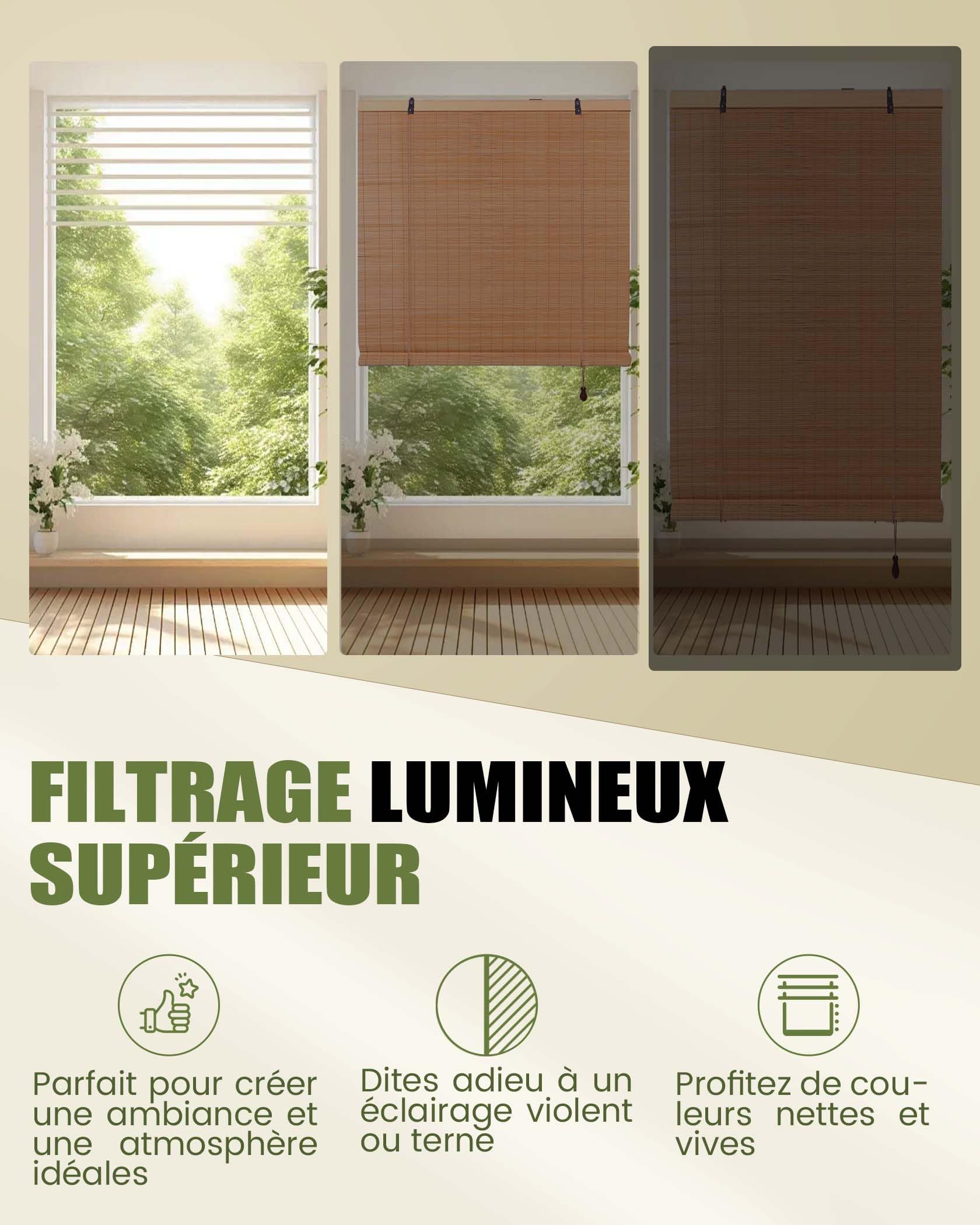 FoundGo Stores en bambou sans perçage - 100 x 120 cm (l x H) - Stores en bois rétro - Stores romains en bambou enroulables - Stores filtrant la lumière pour fenêtres d'intérieur