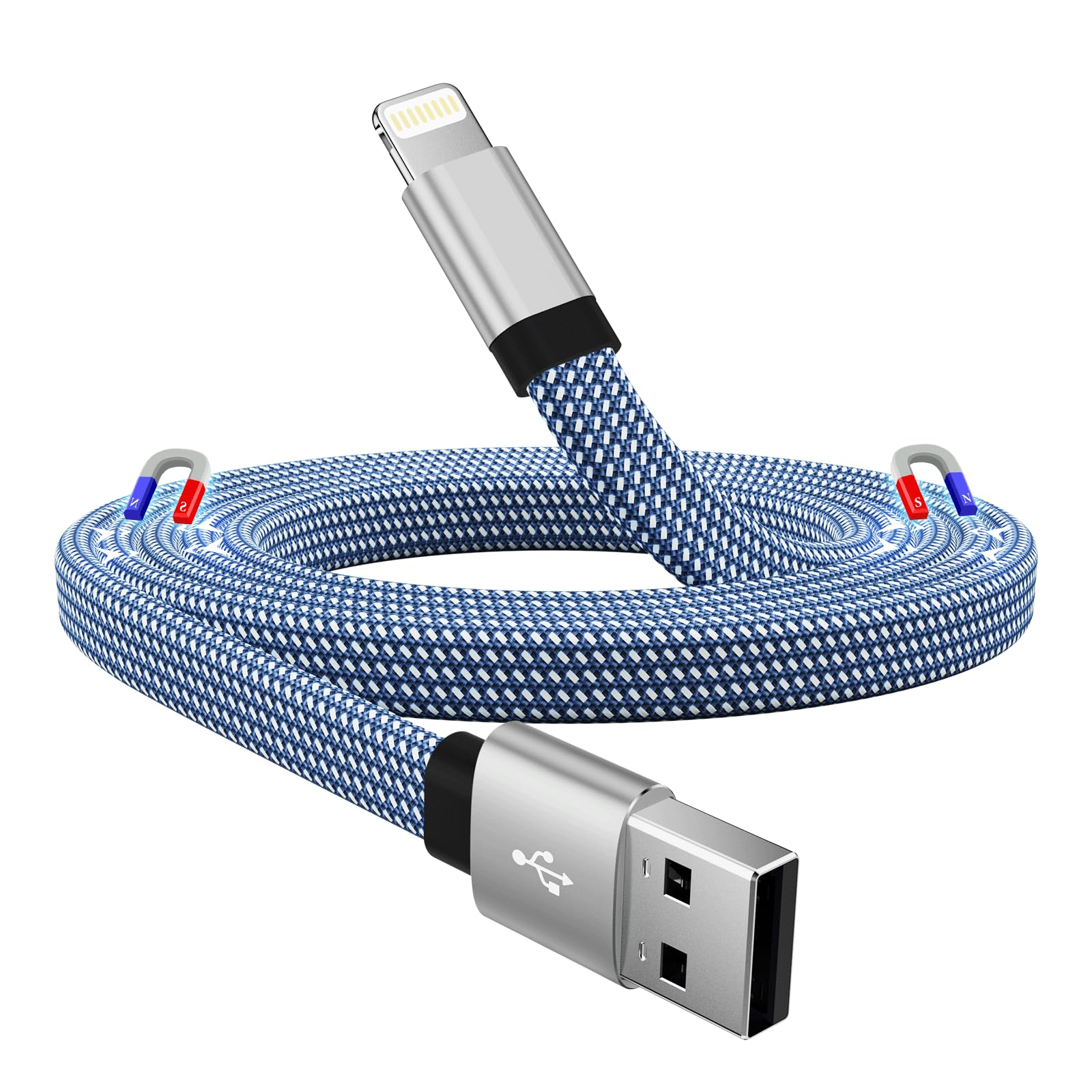 Magtame Light-ning Spiralkabel iPhone Ladekabel, Magnetisch 1M Aufgerollt Kabel, Flach iPhone Original Kabel MFi-Zertifiziert Nylon Geflochten für iPhone 14 13 Pro Max Mini XS XR X 8 7 SE Blau