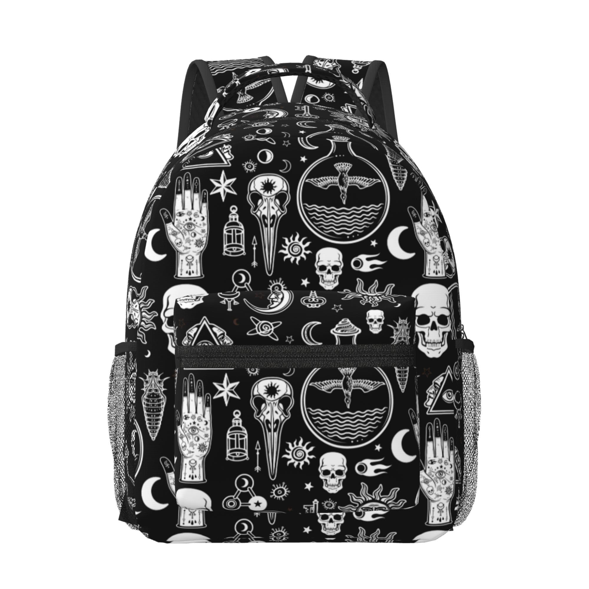 HiHELLOH Backpack Laptop Computer Bag Daypack College Outdoor Bookbag for Men Women (Halloween Goth Gothic Raven Crow Skull Sun Moon Tattoos