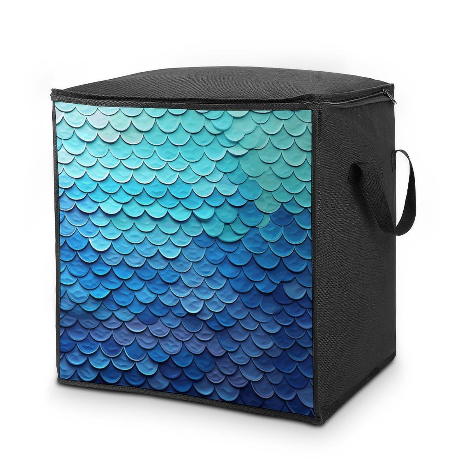 Ocean Sea Blue Mermaid Fish Scale Storage Bag with Zippers And Handle Extra Large Bedding Comforter Storage Bag Foldable Blanket Storage Bags Fabric Moving Bags for Closet Organizer (70L)