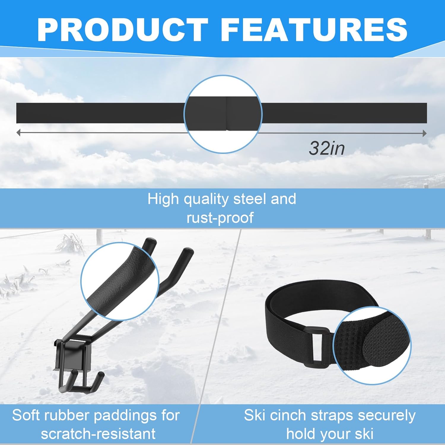 Ski Rack Wall Mount,10 Pairs Ski Holders for Wall with Movable Rubber-Coated Hooks for Garage Storage Organizer System,Snowboard Wall Mount for Garage and Home Shed, Holds Up to 600lbs - Image 3