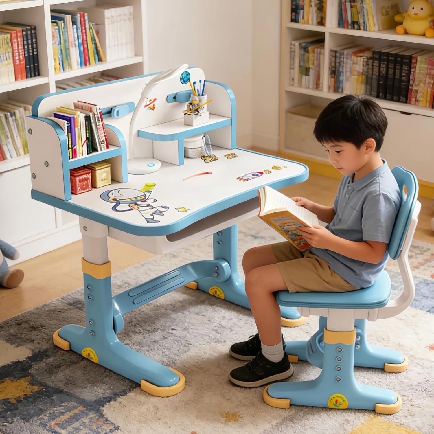 Study Desk with Chair for Kids 3-12, Height Adjustable Kids Functional Desk & Chair Set - Density Board Golden Distance Scientific Separation Child's School Study Writing Tables (Blue1)