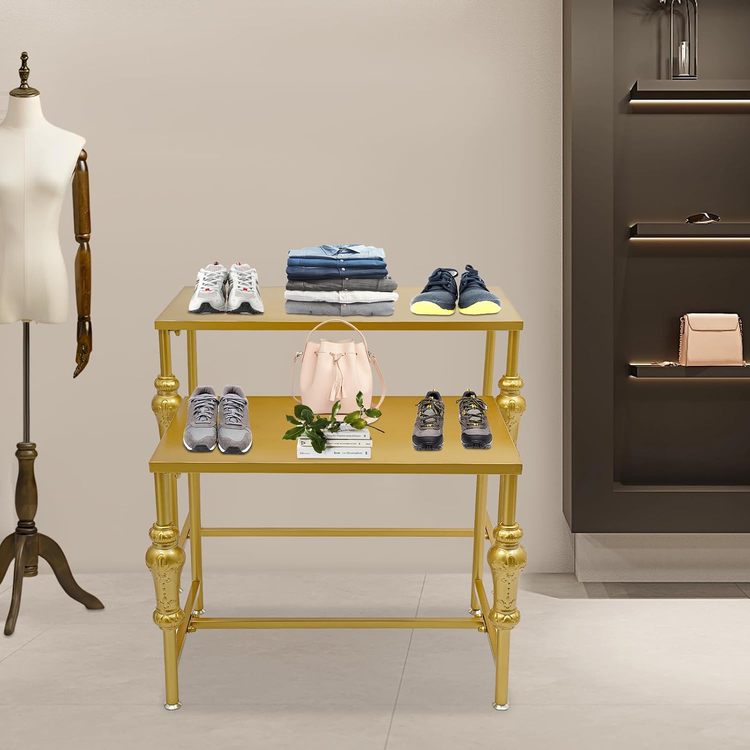 2Pcs Industrial Retail Display Tables, Standing Shoes Handbag Display Rack, Metal Display Riser Stand for Clothes Bags Jewelry, Retro Storage Shelves for Boutique Clothing Store(Gold)