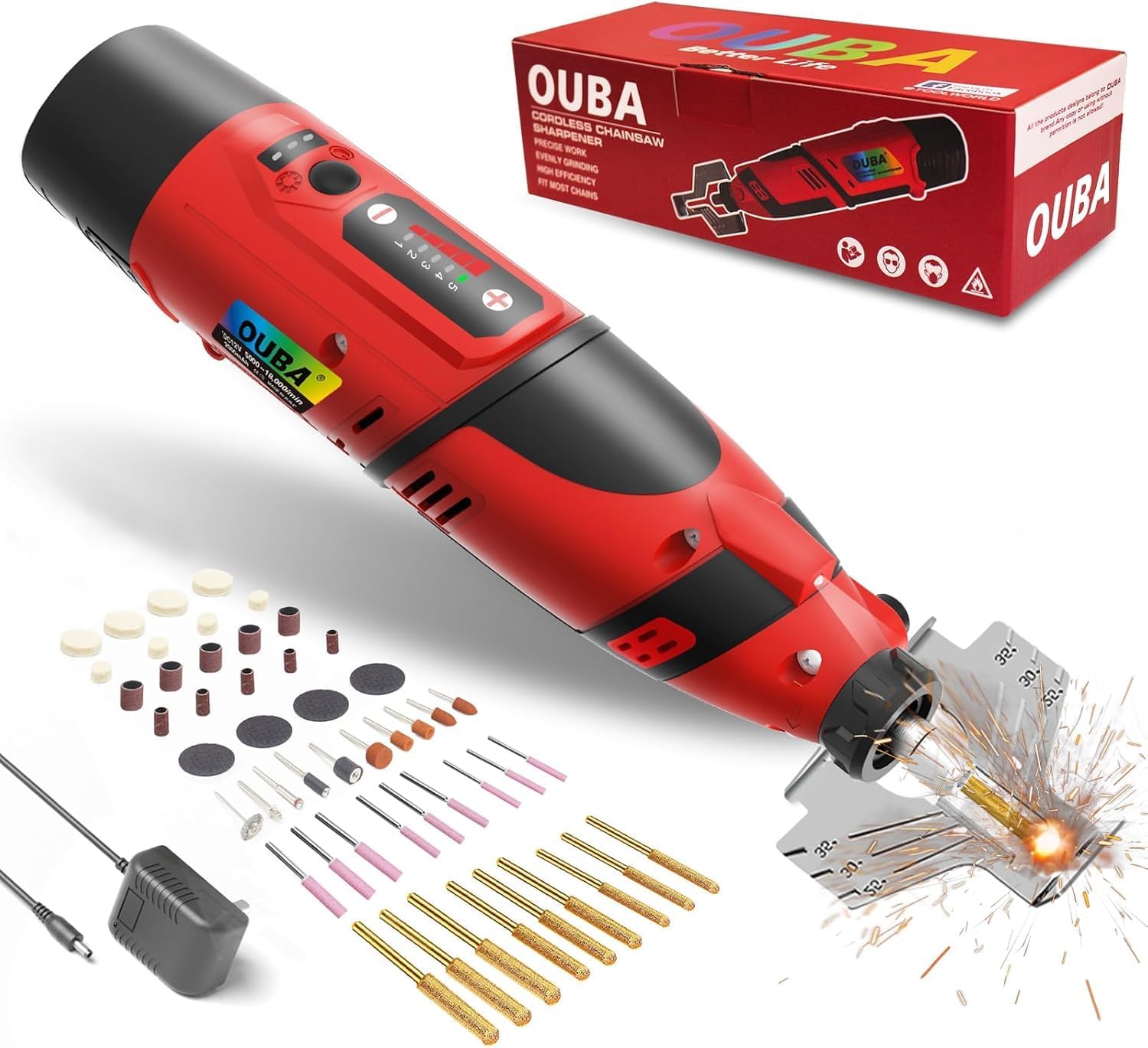 Cordless Chainsaw Sharpener Kit with 1 Battery - Portable Chain Saw Sharpener Tool with Diamond Sharpening Wheels and Angle Adjustment Guide