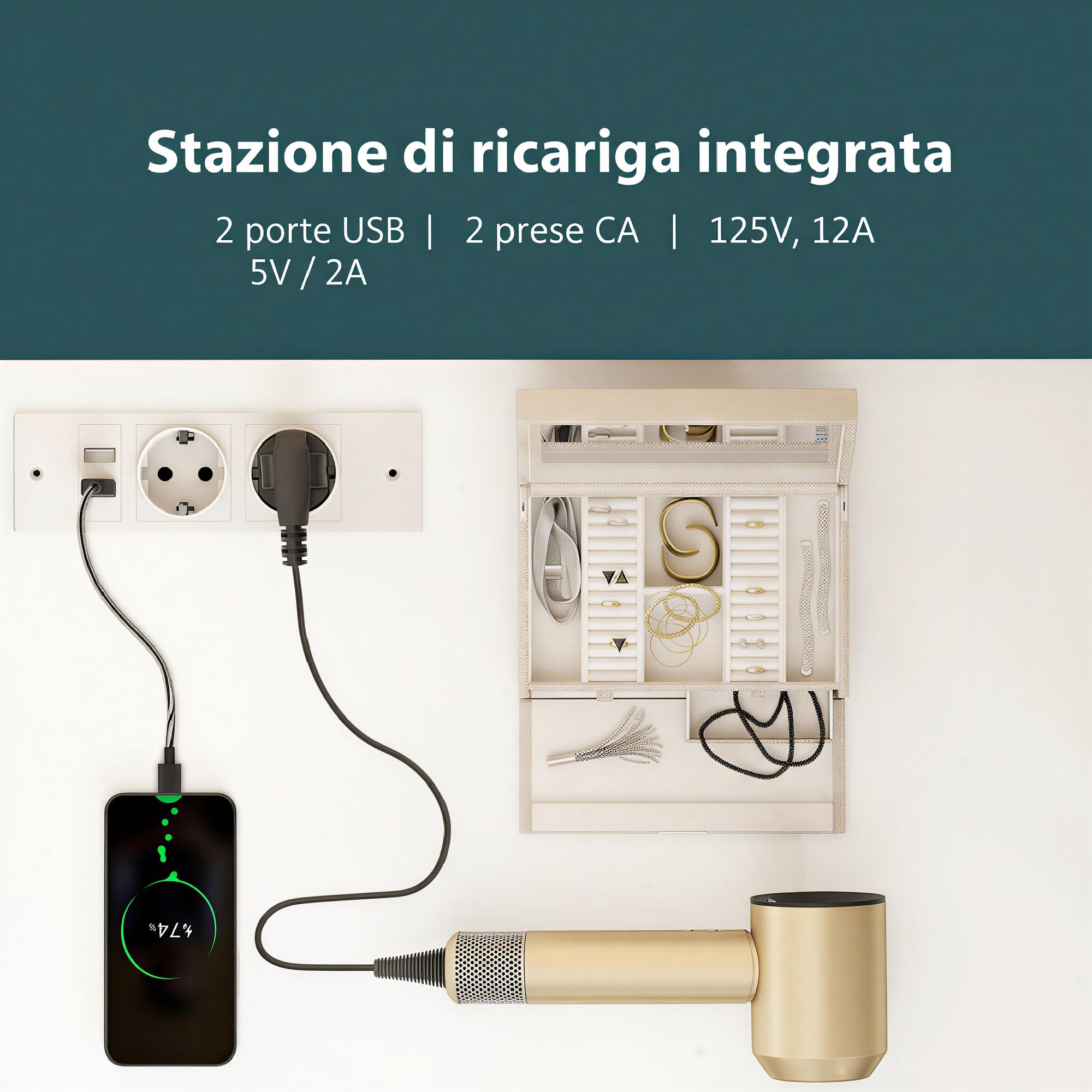 HOMCOM Postazione Trucco con Luci LED 3 Colori a L o Affiancata Bianco | Luminosità Regolabile, Toeletta Trucco, Prese Elettriche, Cassetti Soft Close, Ripiani, Specchio, per Camera da Letto