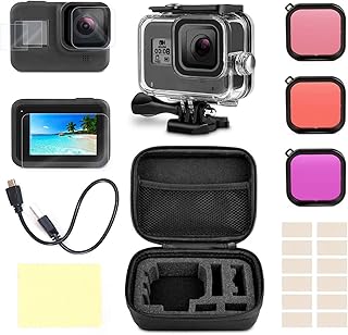 طقم اكسسوارات لكاميرا جو برو هيرو 8 من ديب رور، مكون من جراب صغير مضاد للصدمات + جراب مقاوم للماء + شاشة حماية مصنوعة من الزجاج المقوى + فلترات للعدسة + حزمة شرائح مضادة للضباب (اسود)