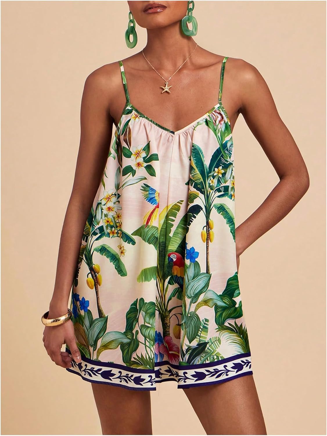 Women's Summer Tropical Rompers Sleeveless V Neck Wide Leg Vacation Short Jumpsuits - Image 5