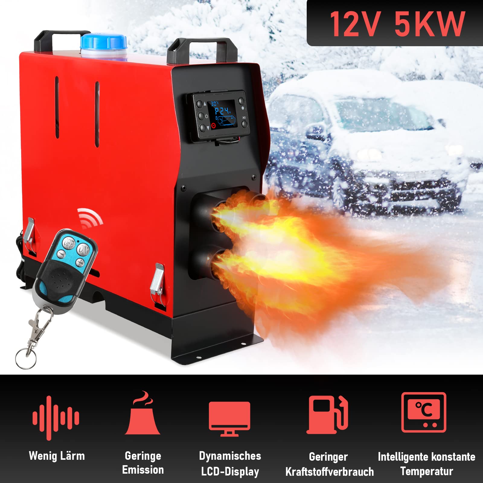 Nagrzewnica powietrza na olej napędowy 8 kW, 12 V, ogrzewanie postojowe na olej napędowy z wyświetlaczem LED i 4 wylotami powietrza, ciche, wydajne ogrzewanie postojowe