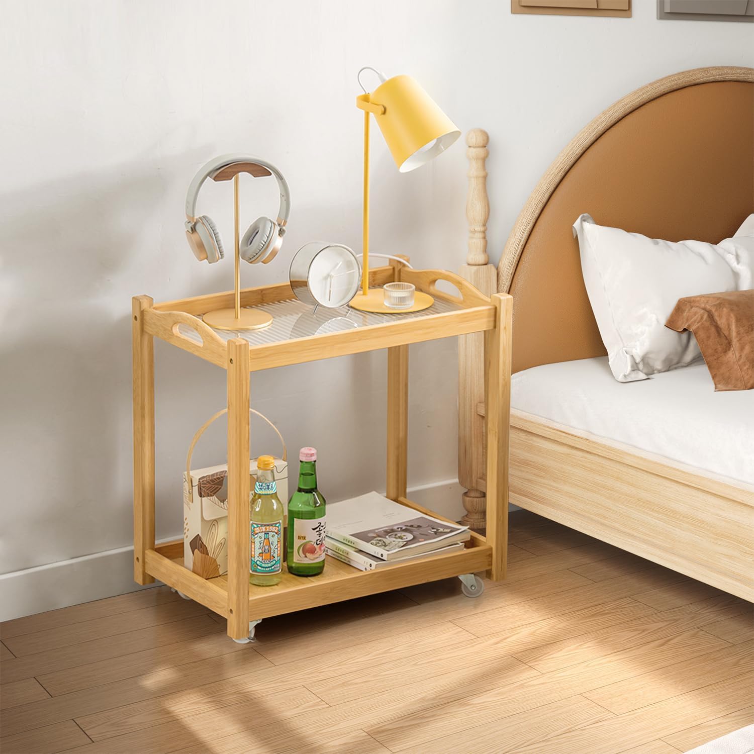 Bamboo End Table with Wheels, Rolling Utility Storage Organizer Boho 2 Tier Side Table with Glass Top, Bedside Table for Small Spaces, Night Stand Coffee Table for Home, Living Room (Retro Style)