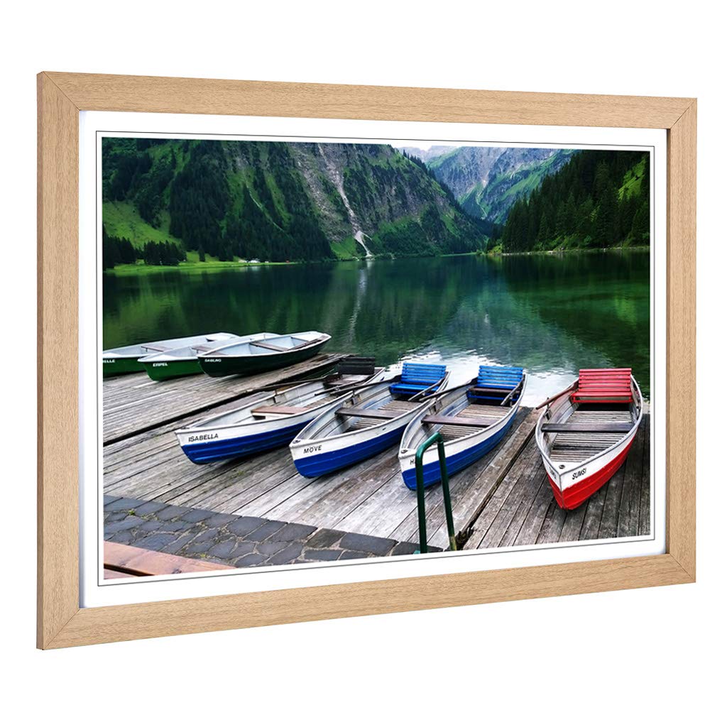 Big Box Art Framed Print of Boats on Jetty Lake & Mountains Design | Wall Art Picture | Home Decor for Kitchen, Living Room, Bedroom, Hallway, Oak, A2 / 24.5x18 Inch / 62x45cm