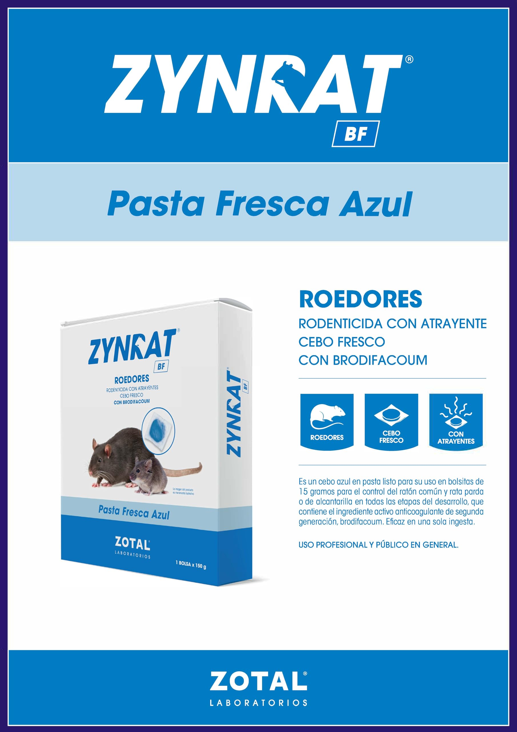 Zotal | Pack 4 | Zynrat® BF Pasta Fresca | Caja de 600 Gramos (4 Bolsas de 150 gr) | Veneno para Ratas | Veneno para Ratones | Matarratas Potente y eficaz | Uso domestico