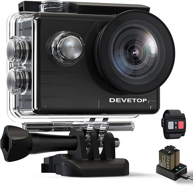 DEVETOP Glory 60 Action Camera 4K 20MP WIFI Underwater 40M Waterproof Sports Camera 170°Wide Angle for VLOG with External Micro 2.4G Remote Control 2 Rechargeable Batteries and Accessories Kit