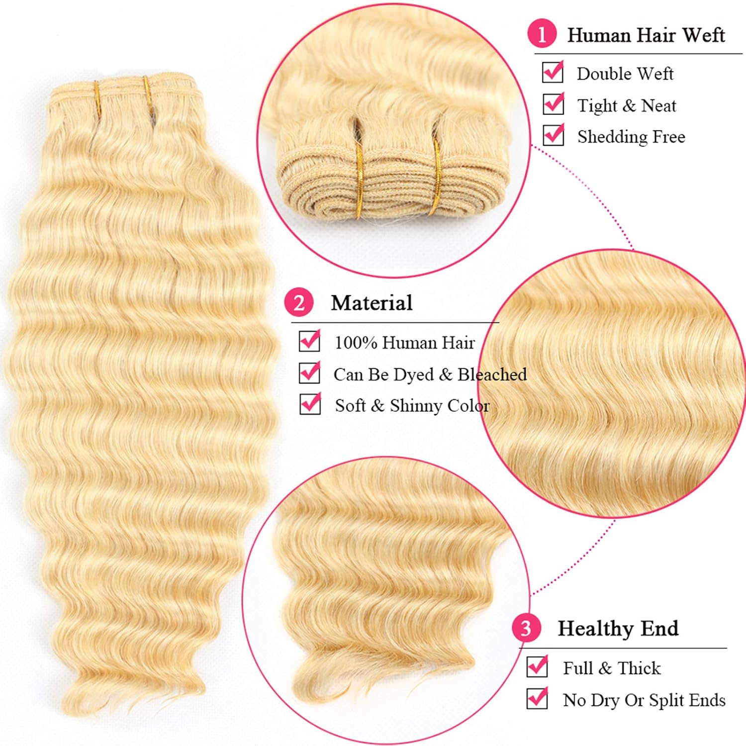Blonde Bundles 613 Deep Wave 3 Bundles Blonde Human Hair Bundles 100% Brazilian Unprocessed Virgin Human Hair Bundles Hair Extensions (22 22 22, 613 Deep)