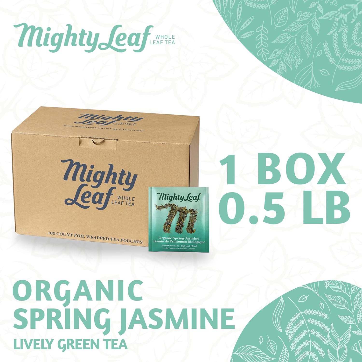 Mighty Leaf Organic Spring Jasmine Green Tea – 100 Count Premium Silken Tea Bags – Foil Wrapped for Freshness – Whole Leaf Green Tea with Floral Jasmine Aroma – USDA Organic Certified