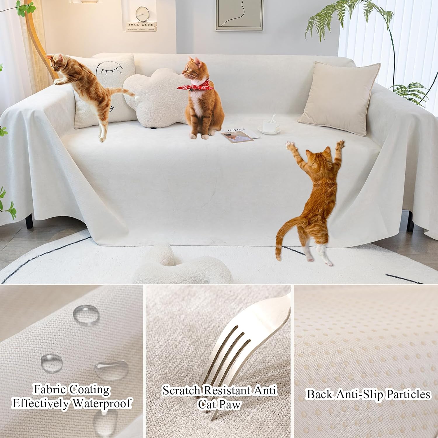 STACYPIK White Waterproof Couch Cover Scratch Resistant Sofa Cover for 3 Cushion Couch Thickened Non Slip Sofa Throw for Sectional Water Resistant Sofa Slipcover for Cats Dogs Furniture Cover-71X118IN
