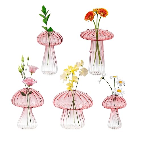 Hewory Glass Mushroom Vase for Flowers, 5pcs Pink Small Bud