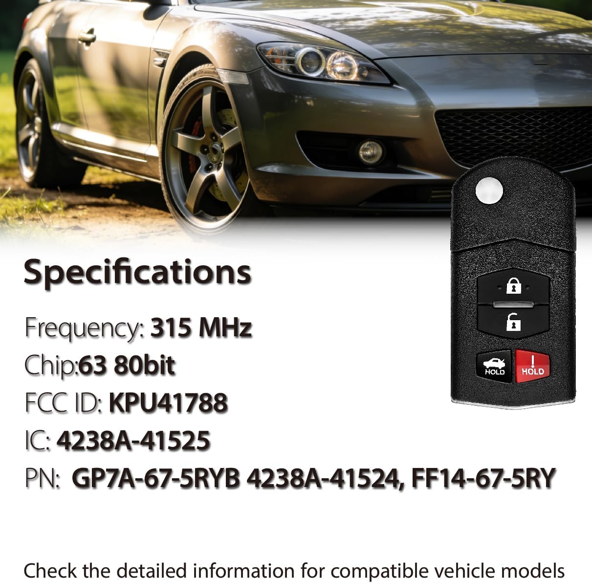 Fits for Mazda 3 6 Hatchback Sedan Wagon Miata MX-5 RX-8 2004 2005 2006 2007 2008 2009 2010 2011 Key Fob KPU41788 315MHz 4 Buttons(Set of 2)