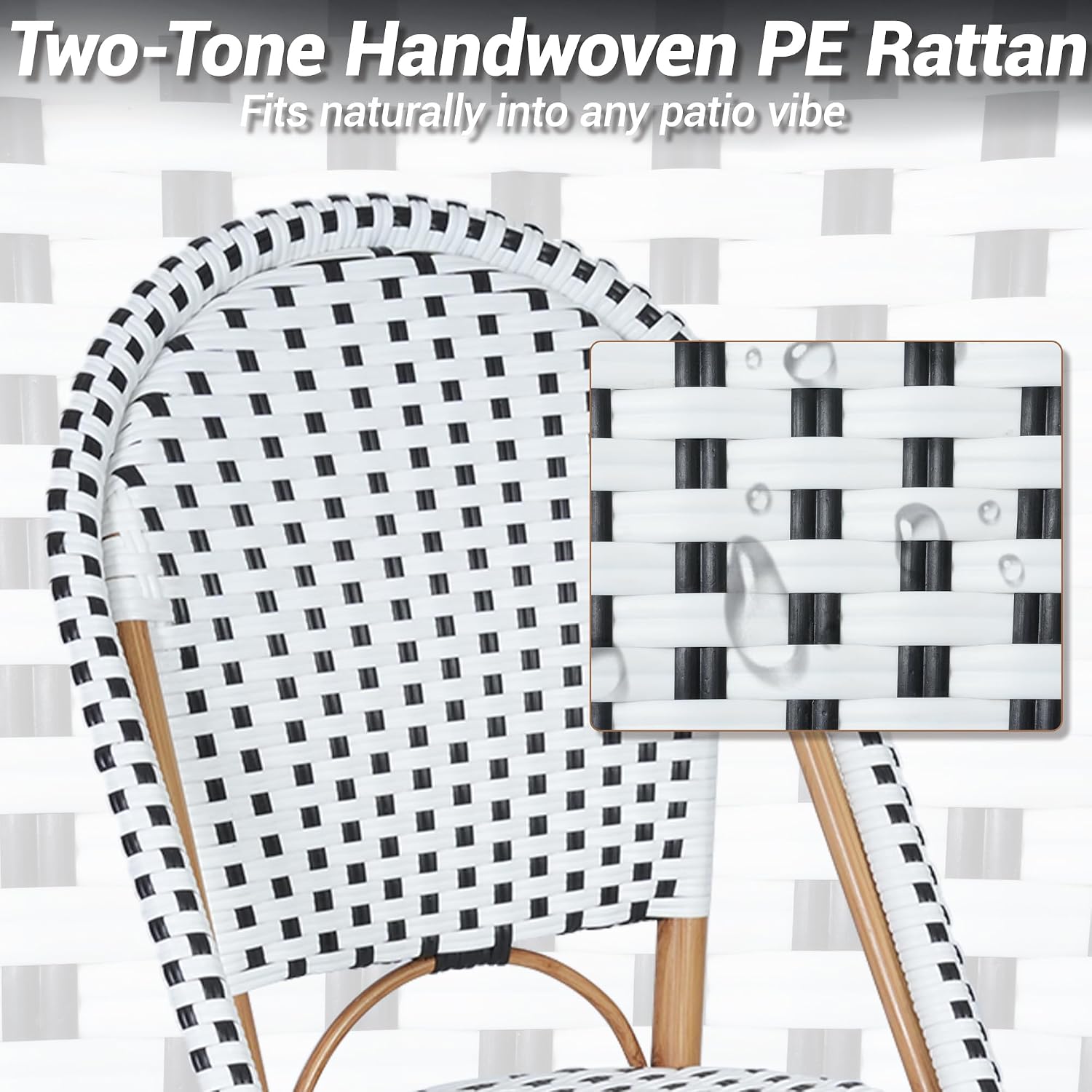 Patio French Chairs Set of 2, Outdoor Hand-Woven PE Wicker Armless Dining Chairs w/Metal Frame, Rattan Bistro Chairs for Front Porch Garden Deck Balcony Poolside, White/Black
