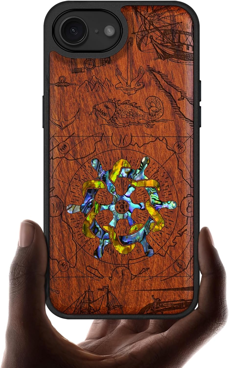 Carveit Magnetic Wooden Case for iPhone 16e / 17e, Wood Artisan Engraved & Handmade Shell Inlaid, TPU Shockproof Cover, Compatible with MagSafe Wireless Chargers, Vintage Wooden Wheel - Rosy