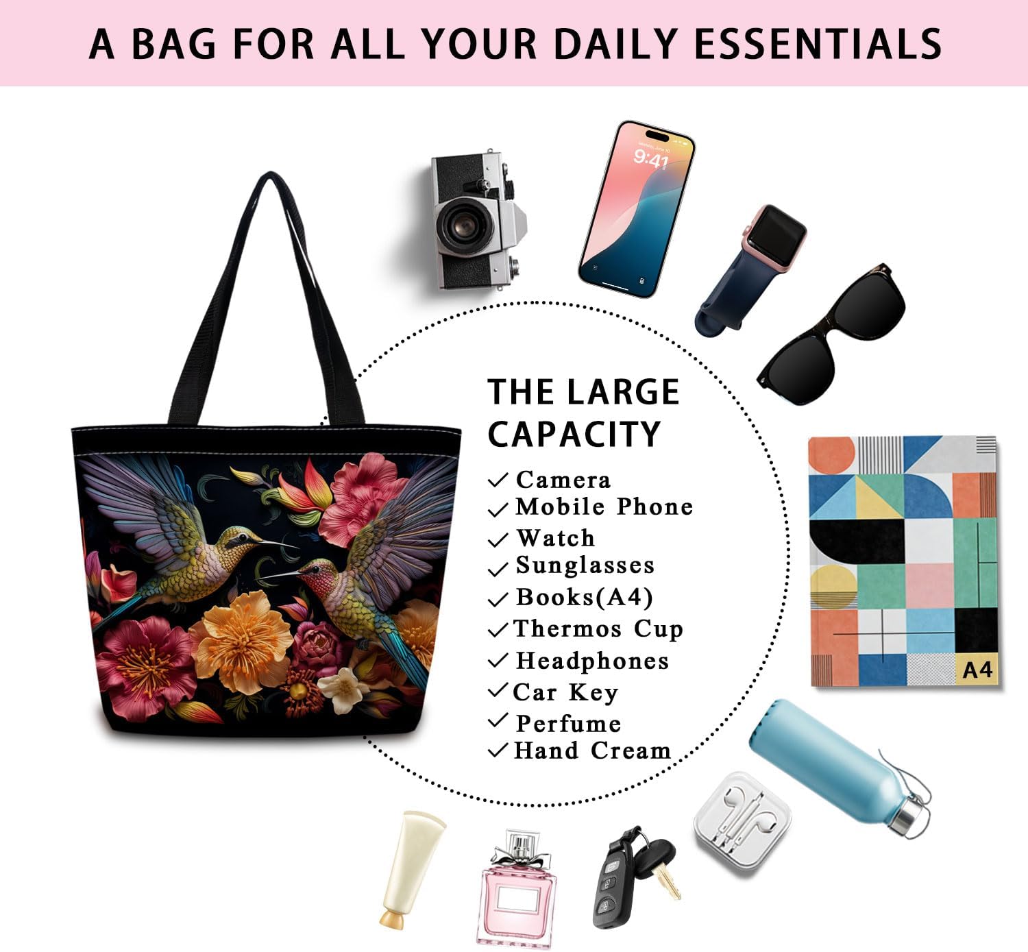 Floral Hummingbird Tote Bag Reusable Grocery Bags Cute Aesthetic Shopping Shoulder Handbag with Interior Zipper Pocket Stylish Floral Hummingbird Present for Women -2 - Image 7