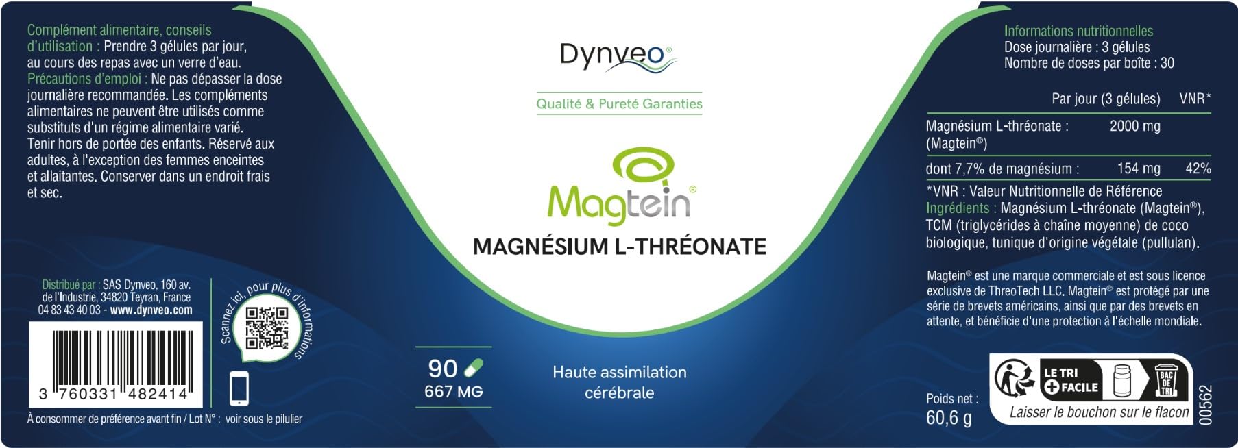 Magnésium L-thréonate Magtein® - Mémoire, Concentration, Fonctions cognitives, Fatigue - Haute Assimilation Cérébrale - Formule Brevetée - 667 mg - 90 Gélules (1 mois) - Fabrication Française - Dynveo