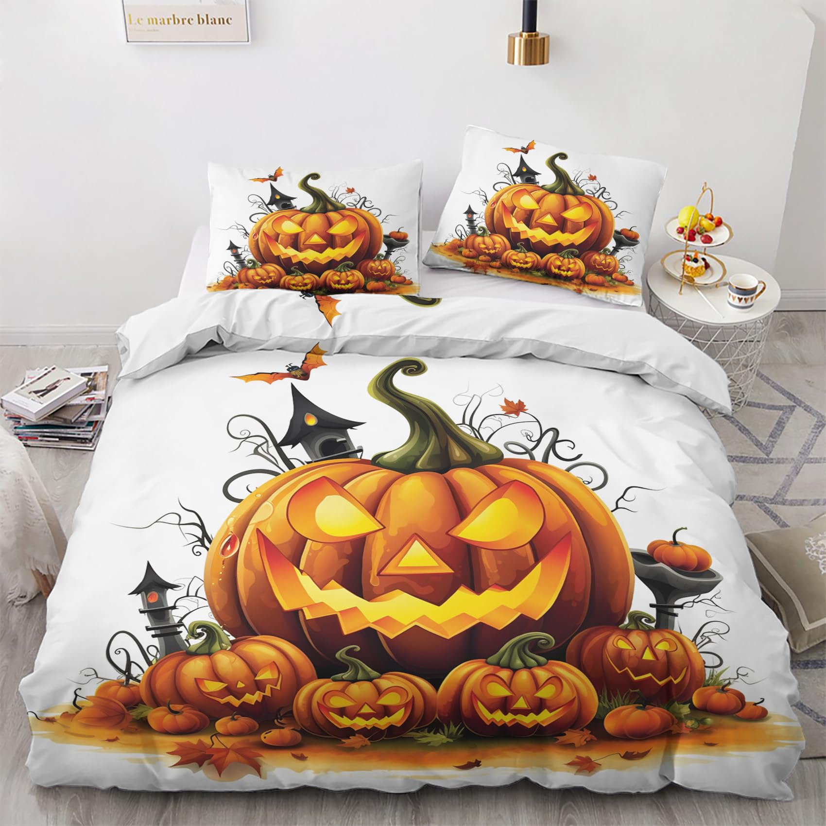 DXHOME Halloween Bettwäsche Set | Kürbis-Laternen Muster 3D-Druck | 2-tlg.: 135x200 Cm + 80x80 Cm | Weiche Microfaser, Mit Reißverschluss & Eckbändern