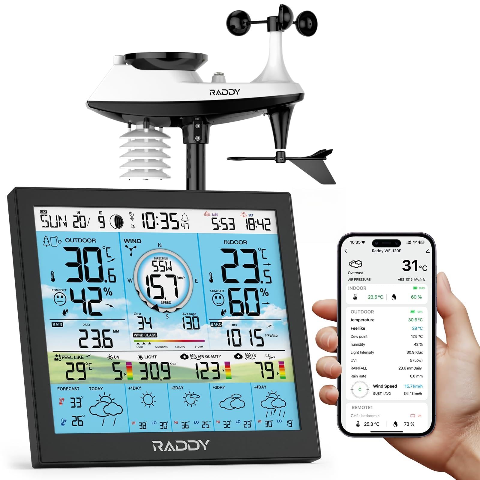 Raddy WF-120P Stazione meteorologica Wi-Fi professionale con controllo app, display a colori HTN da 10″, temperatura e umidità interni/esterni, indice UV e luce, PM2.5 AQI, previsione a 5 giorni
