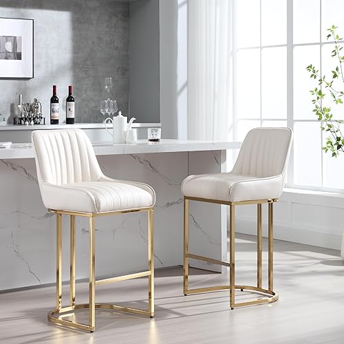 Miniatura 31 de Juego de 2 taburetes de bar de terciopelo beige de 26 pulgadas, modernos taburetes de mostrador con respaldo/patas doradas, sillas de bar tapizadas,