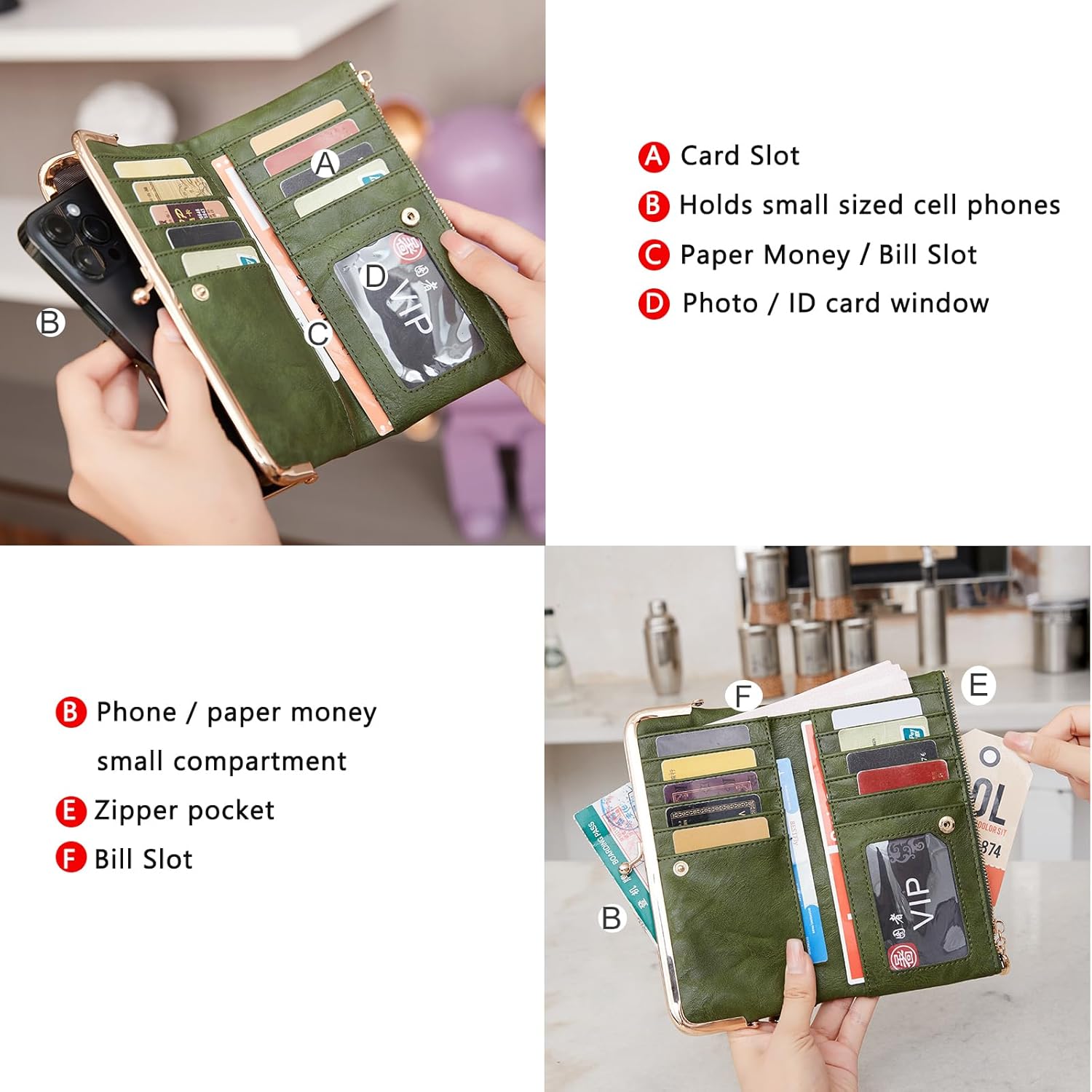 Vintage Wallets for Women Large Bifold Kiss Lock Wallet for Women Leather Zip Clutch Coin Purse - Image 7