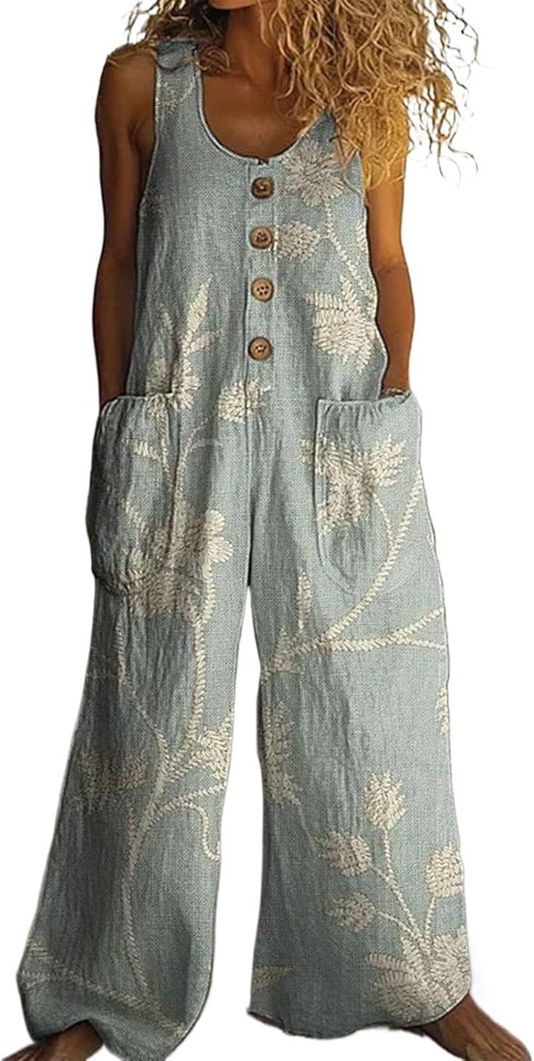 Womens Floral Jumpsuit Sleeveless Wide Leg Overalls Casual Print Romper with Pockets Boho Summer Vacation Outfit