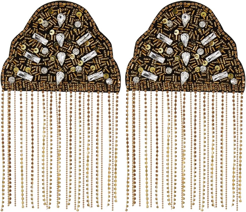SUPERFINDINGS 2Pcs Rhinestone Shoulder Badge Rhinestone Chain Tassel Shoulders Epaulettes Shoulder Brooch Pin Garment Accessories for Jackets Metal Punk Fringe,Length:20cm