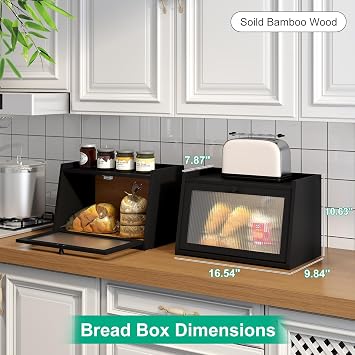 kiplant Bread Box for Kitchen Counter, Large Bamboo Bread Storage Container with Wavy Arcylic Transparent Door, Bamboo Wooden Farmhouse Bread Box for Your House (Black)