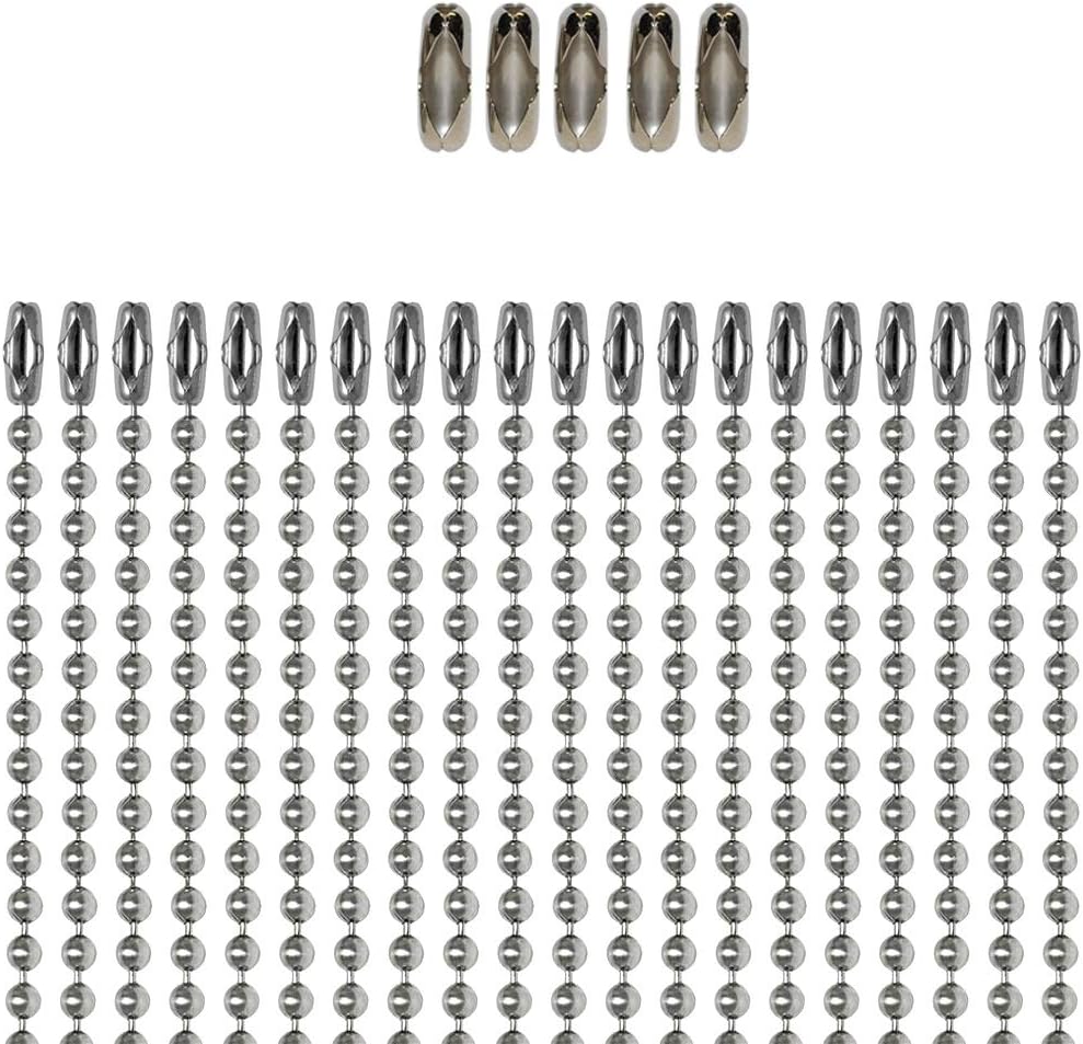 TUOKAY Stainless Steel Bead Chain 3.2mm, 24" Long Military Tag Chain Ball Chain for Craft, 20 pcs, Very Shiny Nickle Free 304 Stainless Steel, Tensile Strength:33 lbs