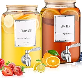 Glass Drink Dispenser, 2pcs Drink Dispensers For Parties, Beverage Dispenser With Bamboo Lid and Stainless Steel Spigot Le...