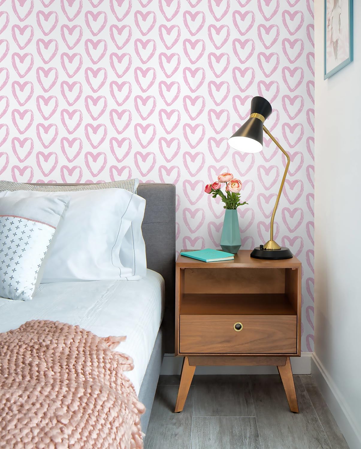 Timeet Pink Heart Wallpaper Peel and Stick Wallpaper Modern Wallpaper Pink White Contact Paper 17.7"x393.7" Self Adhesive Removable Wallpaper for Bedroom Kids Room Wall Decor