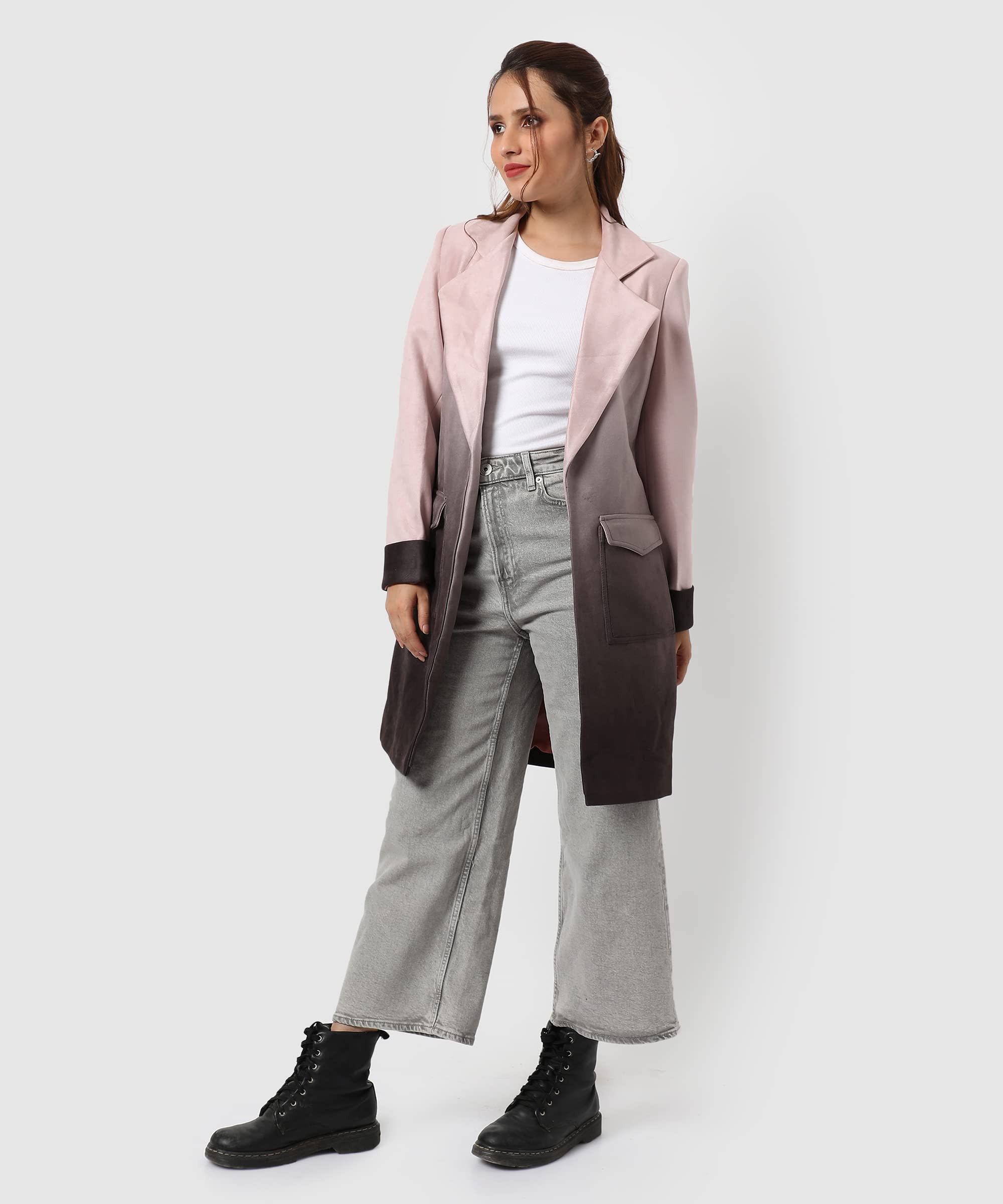 Campus Sutra Women's Dusky Pink & Brown Regular Fit Long Coat For Winter Wear | Collar Neck | Full Sleeve | Buttoned | Casual Jacket For Woman & Girl | Western Stylish Jacket For Women