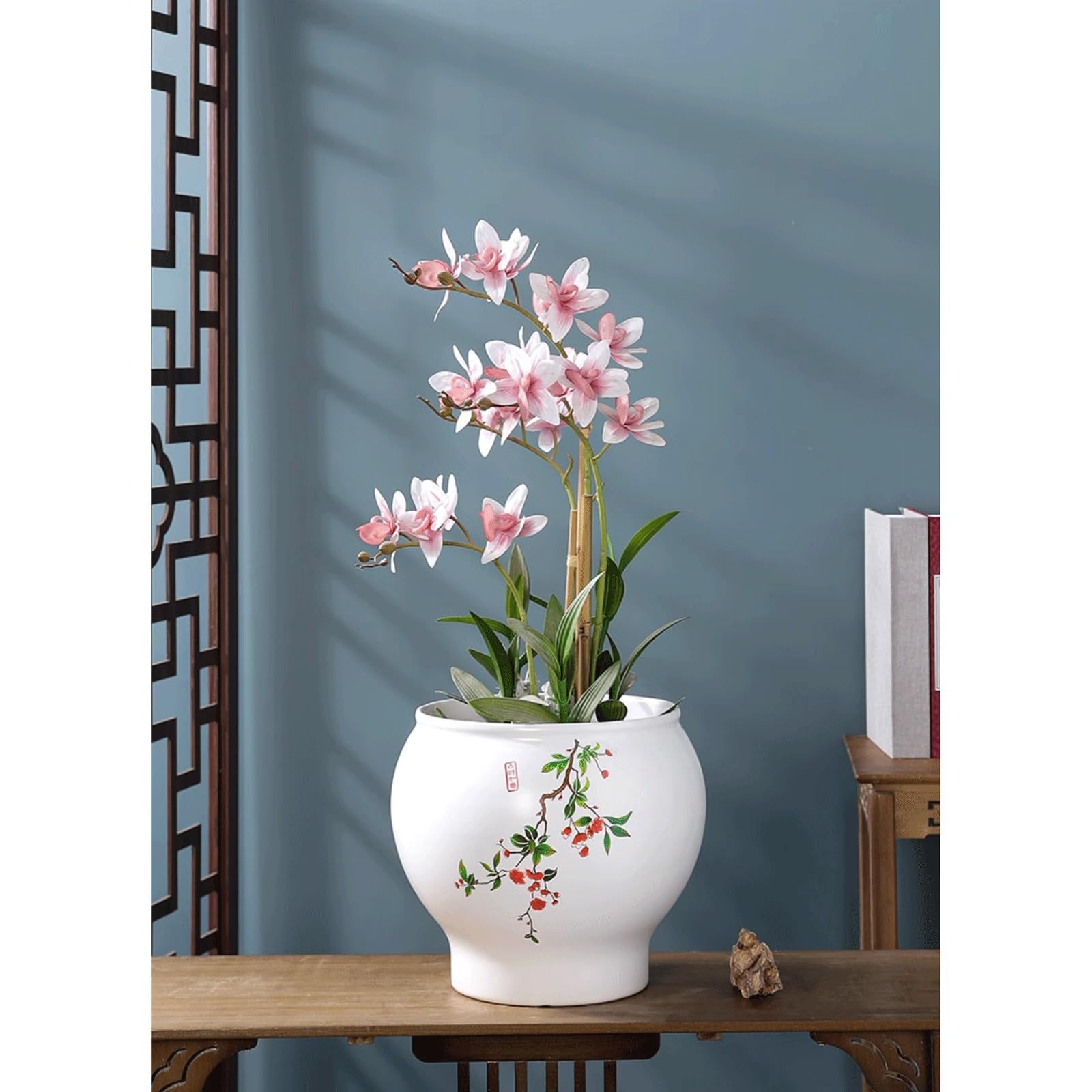 Dekoracyjna tradycyjna chińska biała doniczka ceramiczna z otworem drenażowym, klasyczna porcelanowa doniczka na rośliny, okrągła doniczka do wnętrz, odpowiednia dla kaktusów, storczyków, patio (23,5