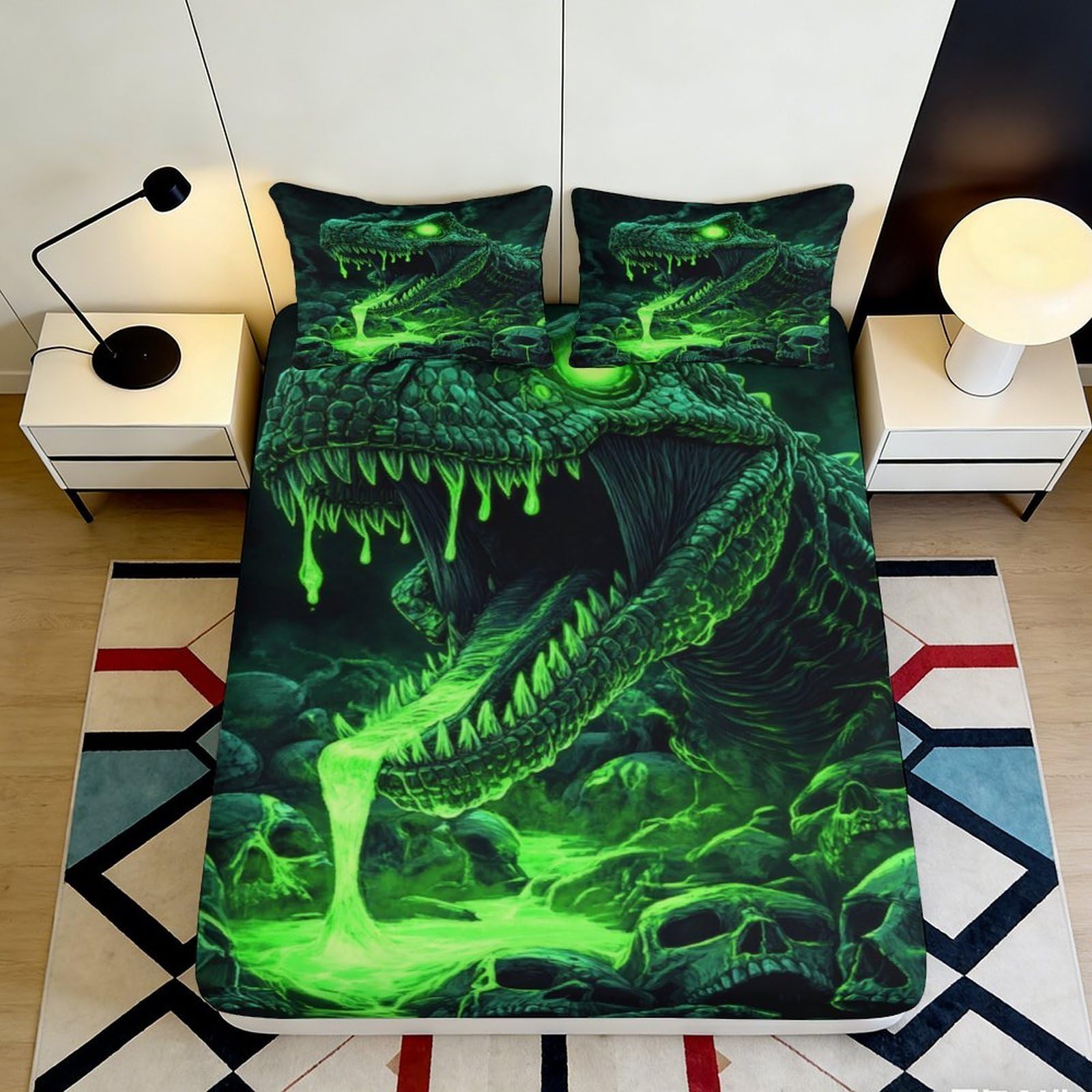 3D Printed Neon Dinosaur Fitted Sheet Microfiber Soft Skull Bed Cover for Bedroom Dorm Mattress Protection Decor 90x200x25cm