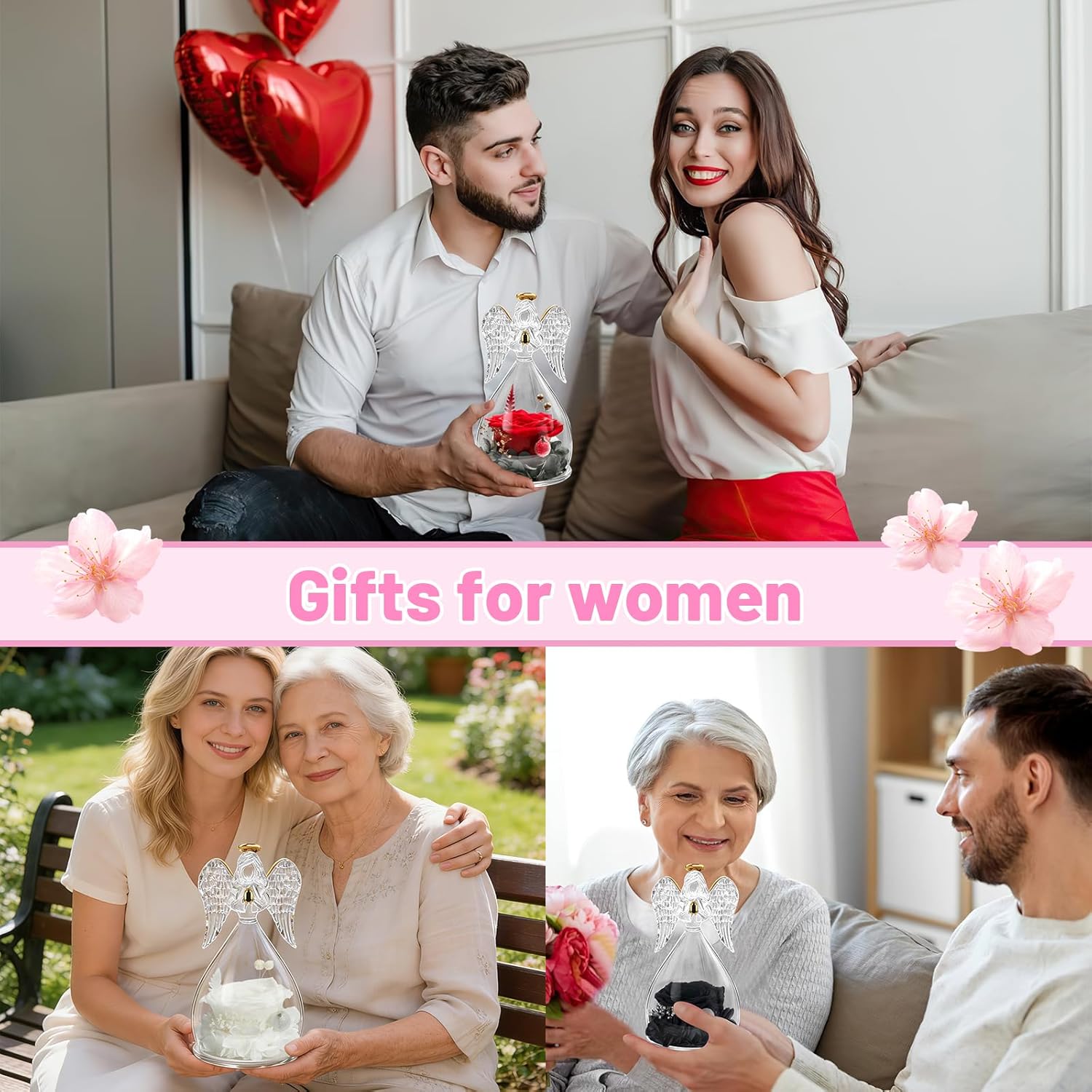 Yamonic Mom Birthday Gifts for Mom, Angel Figurines with Real Rose Gifts for Her Mom Grandma,Preserved Rose Angel Figurines for Women, Mothers Day Christmas Valentine's Day Gifts for Women (Black)