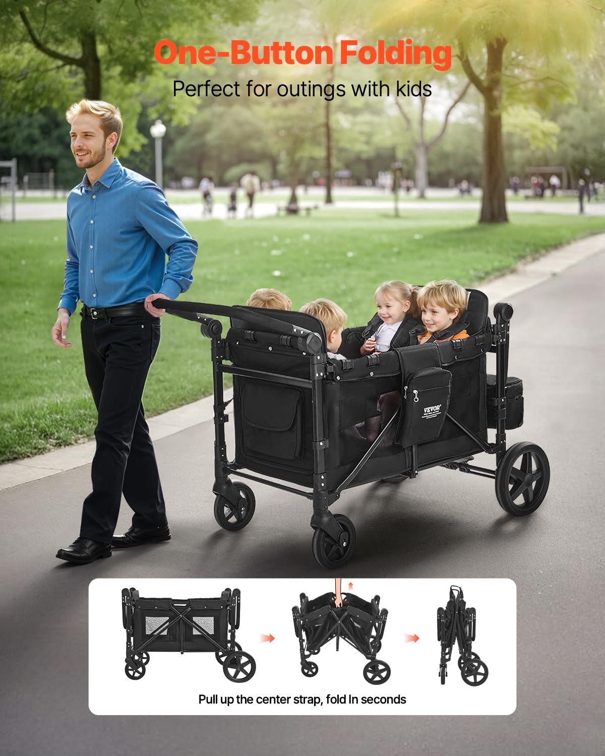 VEVOR Passeggino a Quattro Posti per 4 Bambini, Pieghevole con Maniglia Regolabile, Imbracatura di Sicurezza Tettuccio Rimovibile, Passeggino Bambini Comodo Resistente, Nero, Carico 150 kg