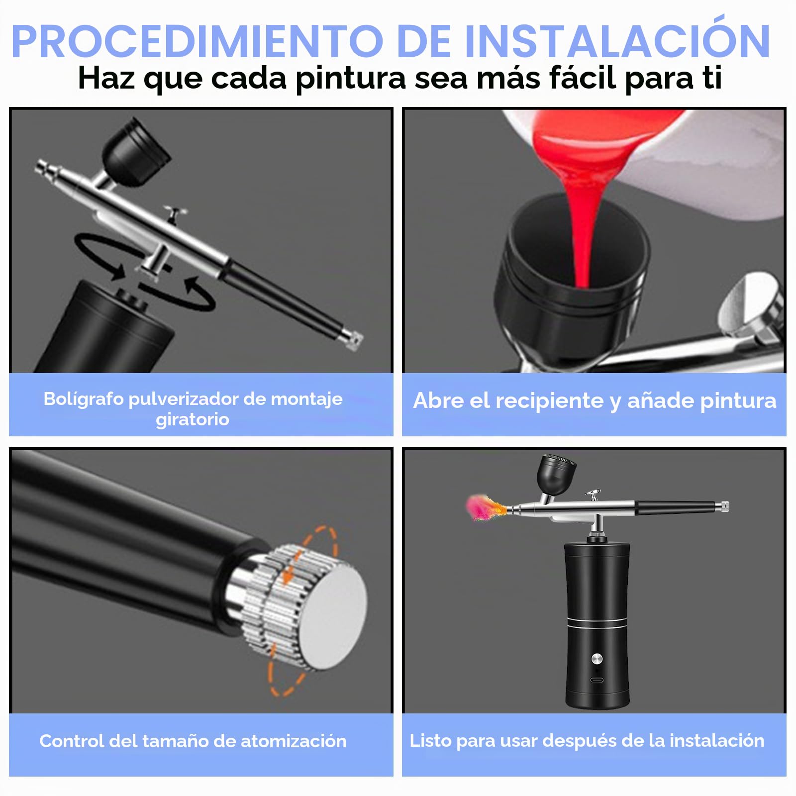 Juego De Aerógrafo, Kit De Aerógrafo, Mini Aerógrafo Set, Portátil Con Compresor Aerógrafo Recargable Para Uñas, Pintura De Modelos, Pasteles, Maquillaje Tatuajes Y Pintura Facial (Nnegro)