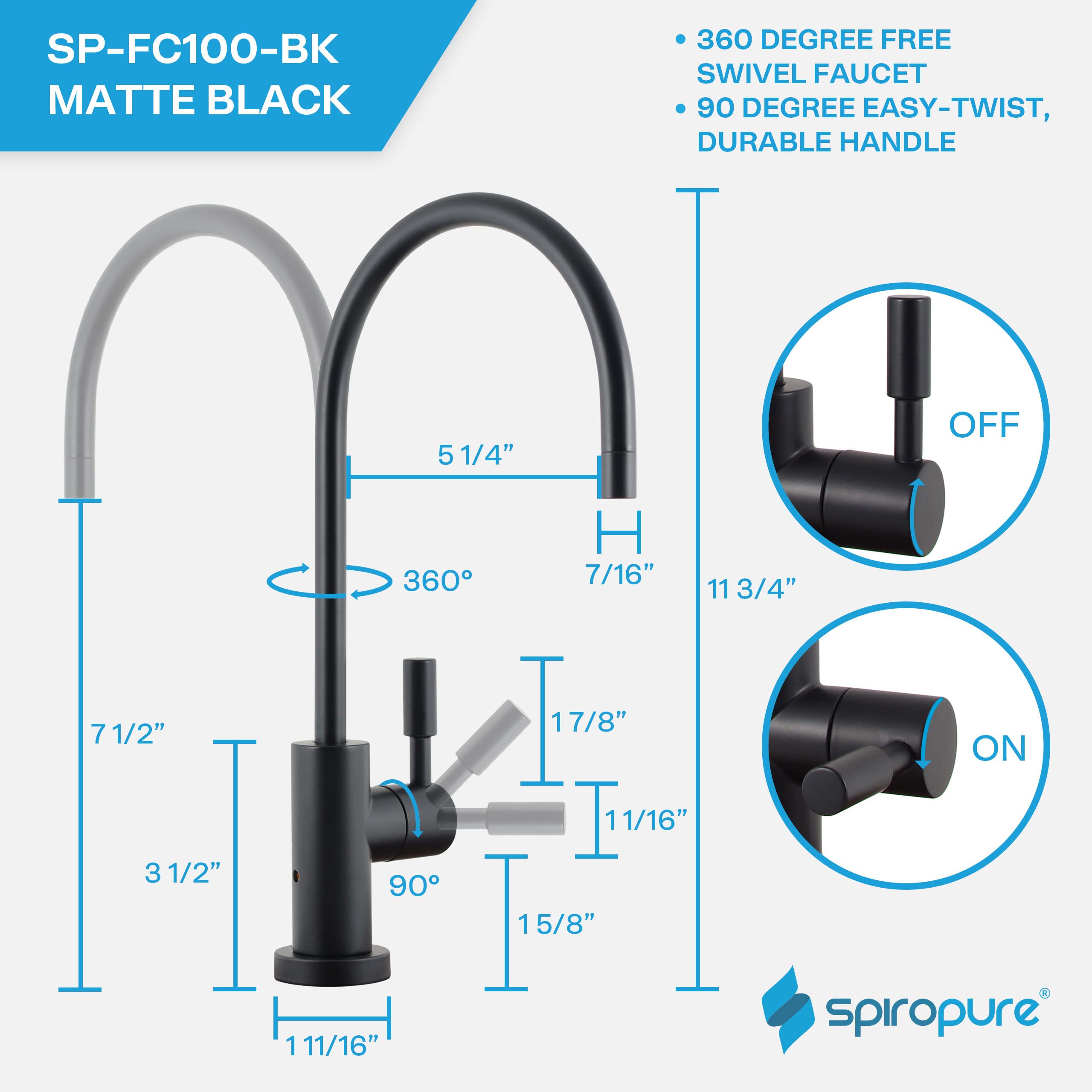 SpiroPure SP-FC100-BK - Grifo de filtro de agua de repuesto de ósmosis inversa, sin plomo, certificado NSF, negro mate/bronce aceitado, filtro de 3 líneas, SP-FC100-BK