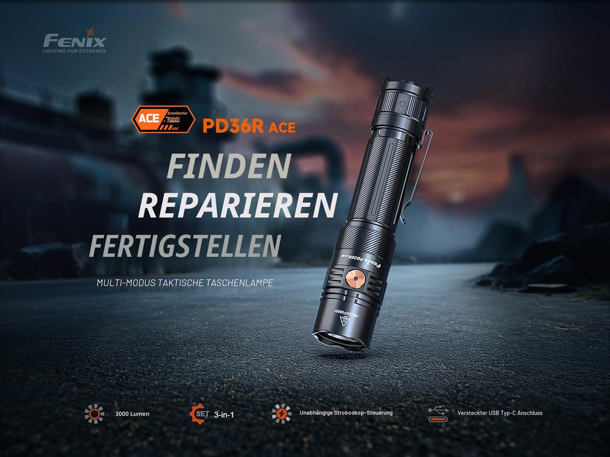 Fenix PD36R ACE Wiederaufladbare kompakte Sicherheits-Taschenlampe, 3000 Lumen, 415 m, max. 63 Std. Einstellfunktion, wählbare Profile, drehbare USB-Port-Abdeckung, IP68