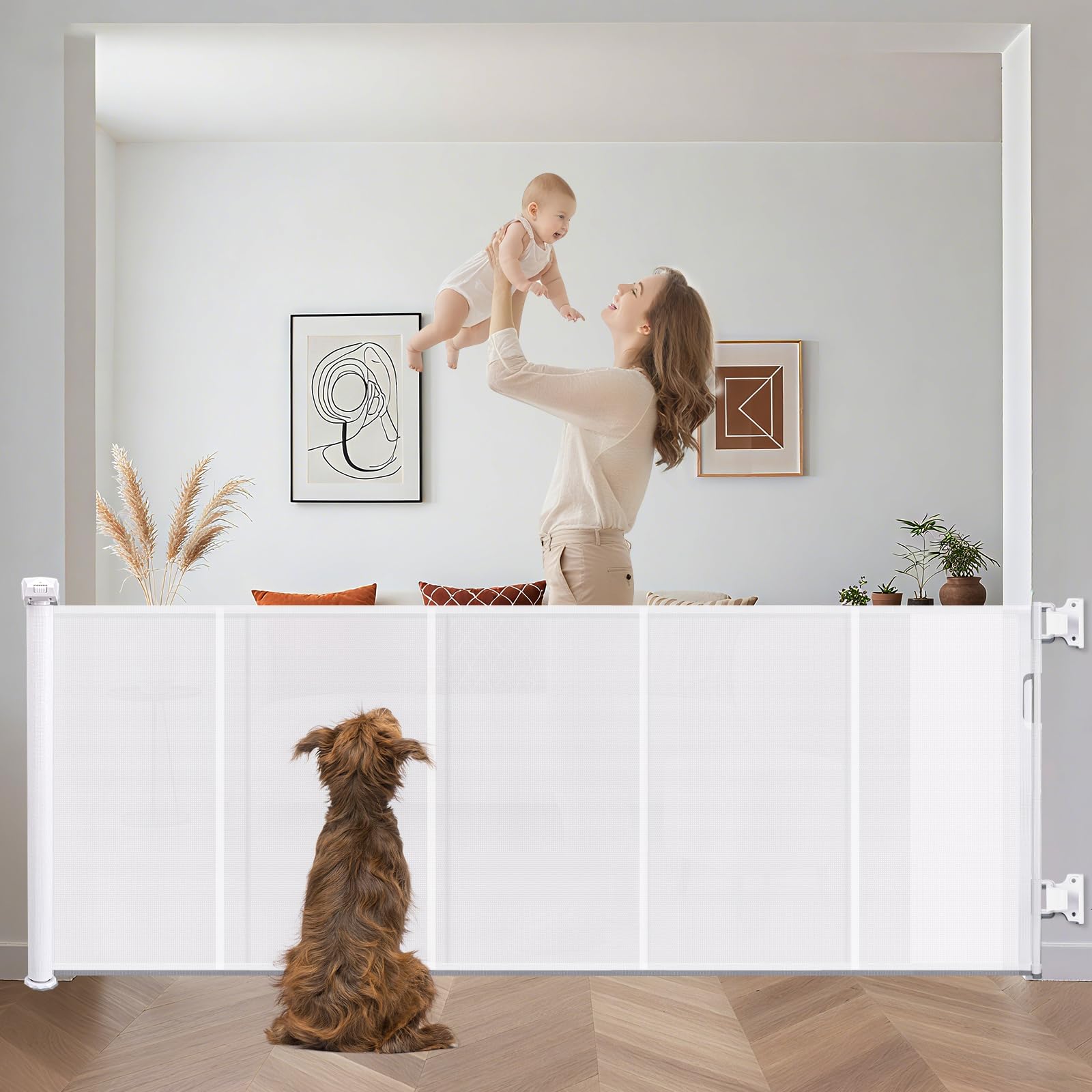 Extra Wide Retractable Baby Gates Pet Gate for Wide Openings Long Dog gate with Rods to Prevent Crawling Through, One Handed Operation,Dog Gates for Doorways Indoor Outdoor