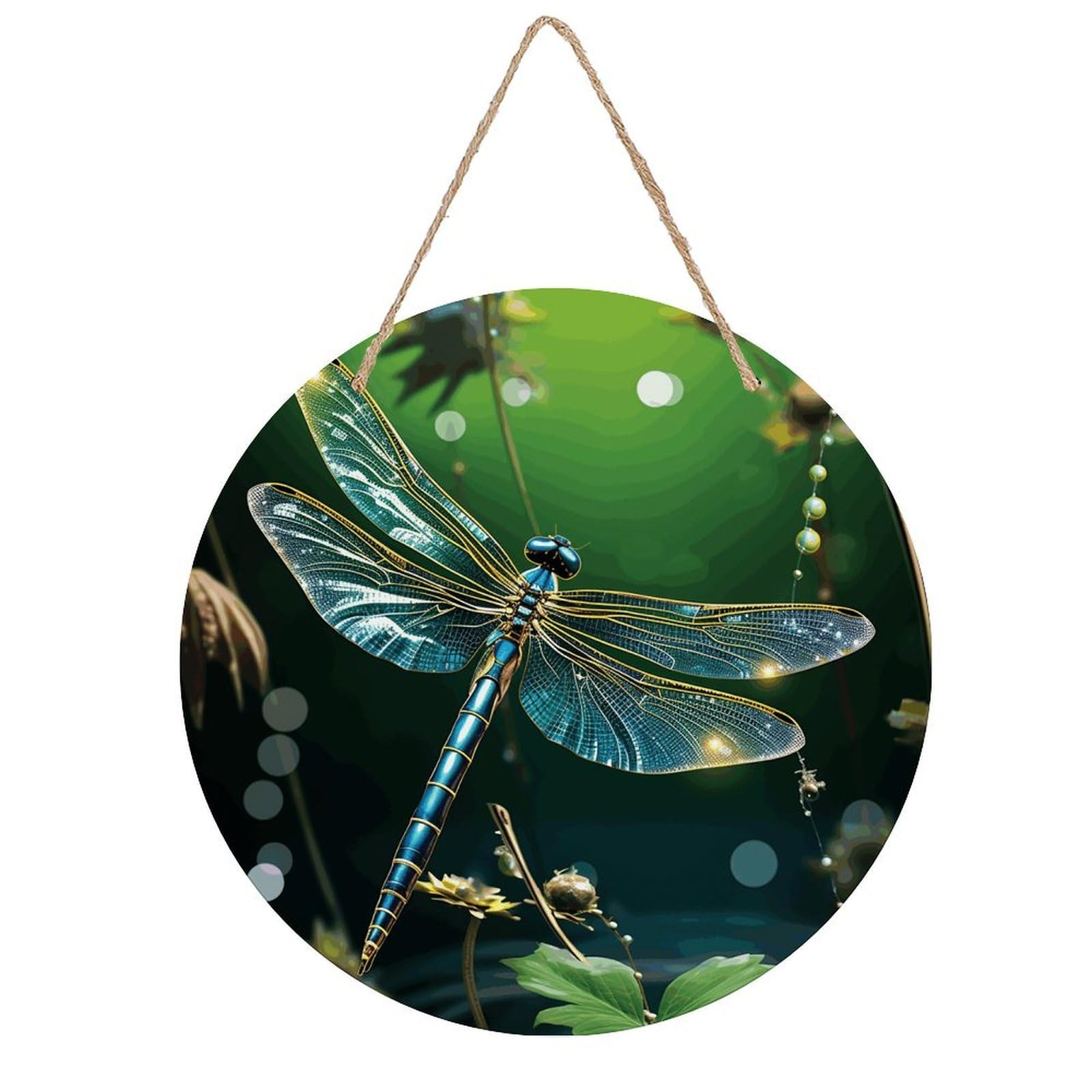 VstaDank Dragonfly Green Wall Art Decor with Ropes Wooden Hanging Sign Hanging Wall Decor Artwork Round Wood Painting Modern Wall Prints Decor Picture for Office Bar Home Decors
