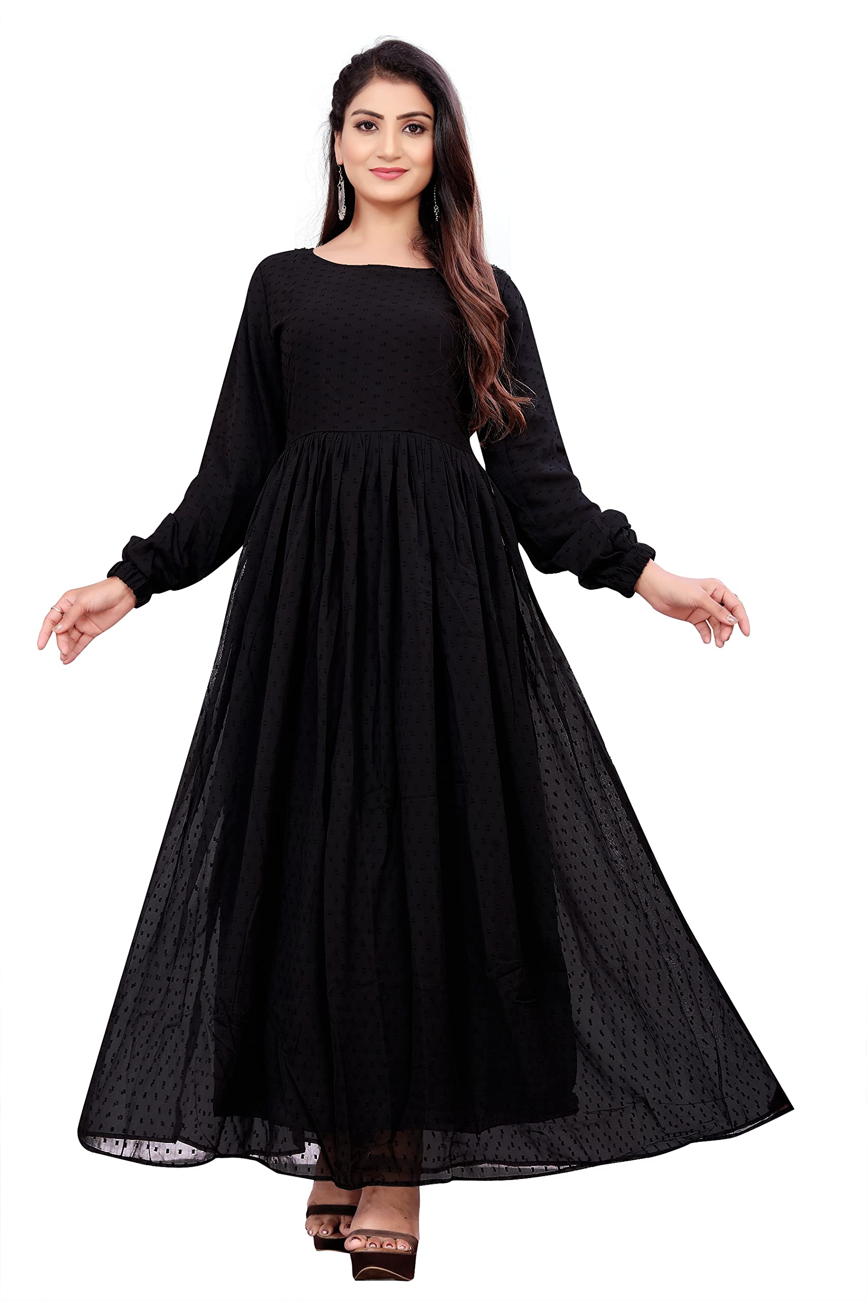 Women Georgette Solid Long Gown with Crepe Lining for no Transparency Stylish Full Sleeve Gown-image-25